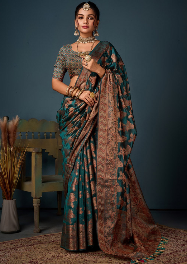 Bottle Blue Zari Woven Saree With Unstitched Blouse