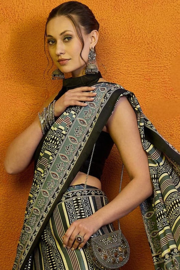 Birch Grey Printed Ajrakh Satin Crepe Saree