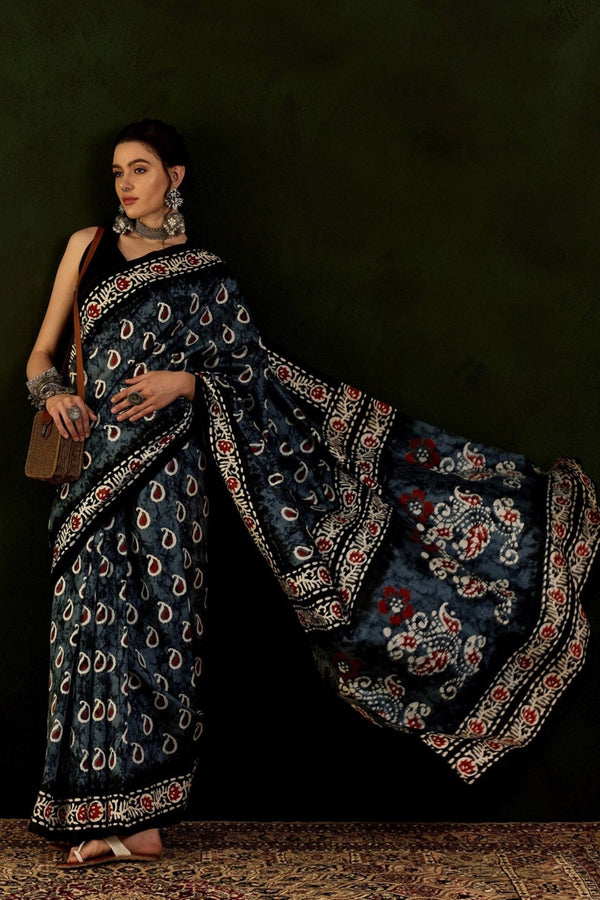 Pitch Black Ajrakh Printed Saree