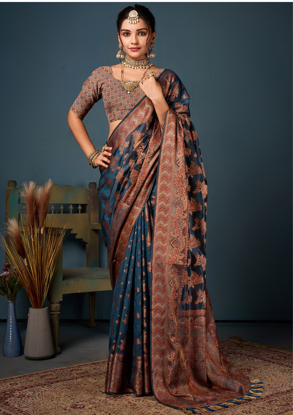 Bottle Navy BlueZari Woven Saree With Unstitched Blouse