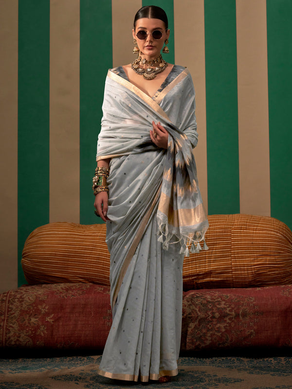 Gorgeous Grey Zari Weaving Silk Event Wear Saree With Blouse