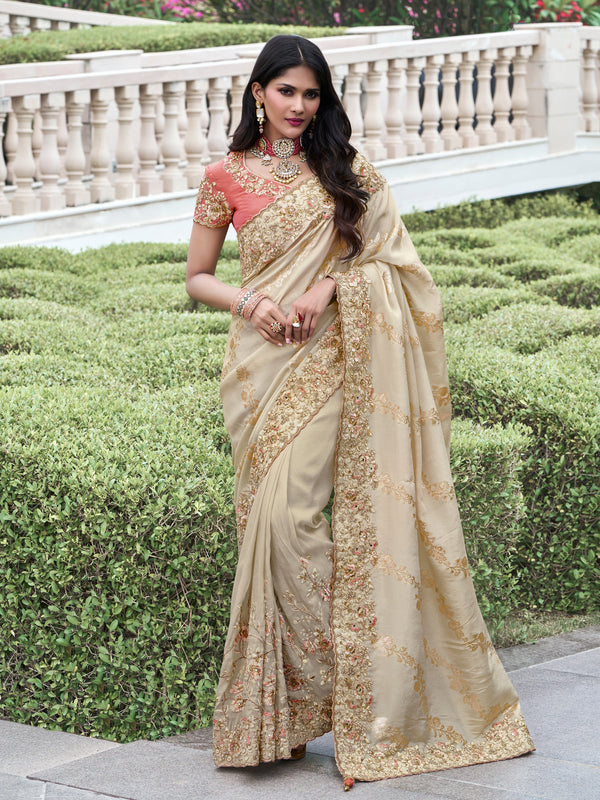 Beautiful Beige Zari Weaving Organza Silk Traditional Saree With Blouse