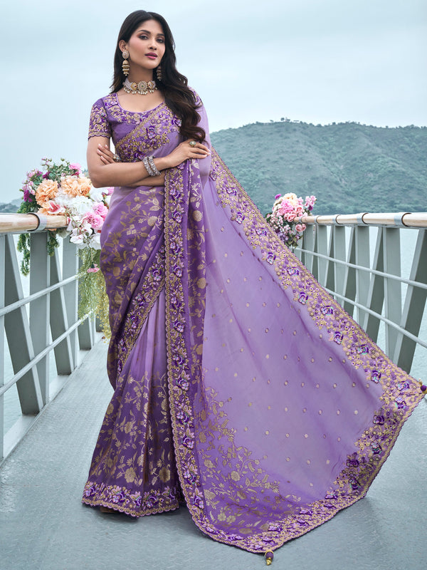 Charming Lavender Zari Weaving Organza Engagement Wear Saree