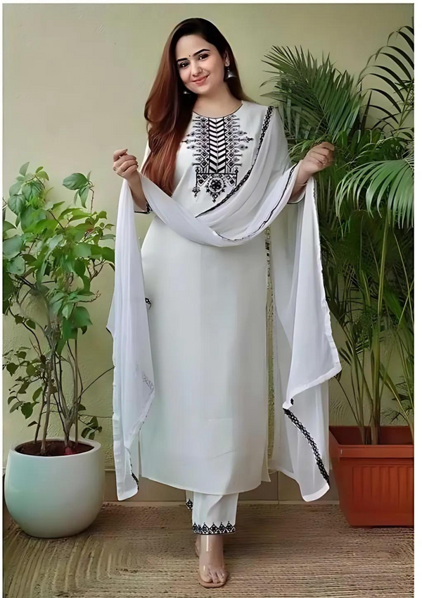 RAYON COTTON WHITE SHADES BLACK EMBROIDERY WORK READYMADE SUITS