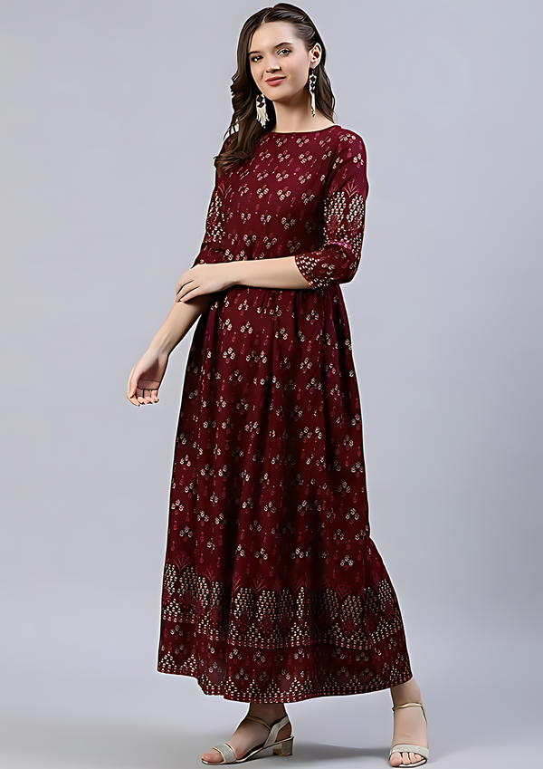 Women's Rayon Printed Anarkali Ankle Length Kurta Dress For Women