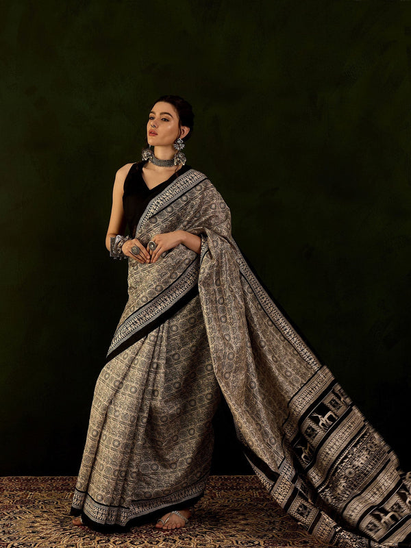 Black and Cream Ajrakh Printed Saree