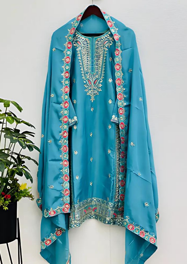 Pure Chinnon Silk With Heavy Embroidery Sequence Work Suits