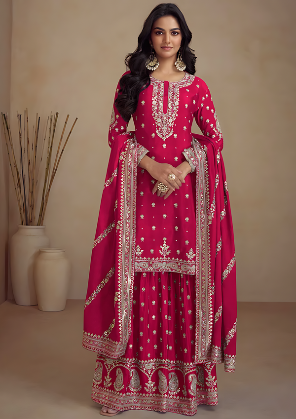 Chic Pink Chinon Embroidered Sequins Palazzo Suit For Occasions Festive Wear