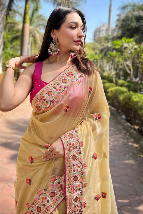 Blonde Yellow Embroidered Tissue Silk Saree