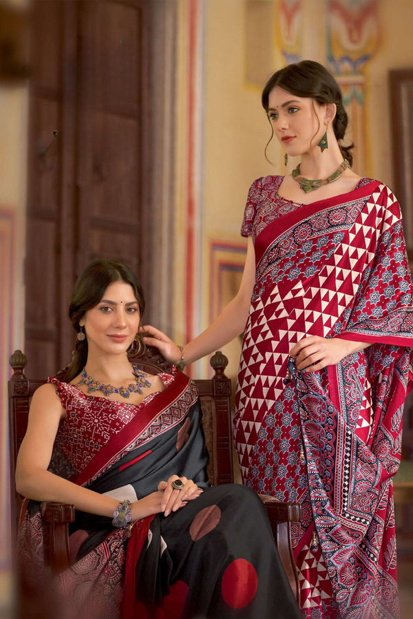 Tosca Maroon Ajrakh Printed Satin Crepe Saree