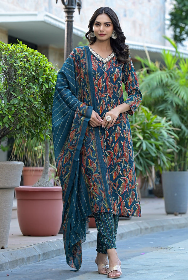 Ethnic Set Women  Embroidery A-Line Kurta and Pant set with Dupatta