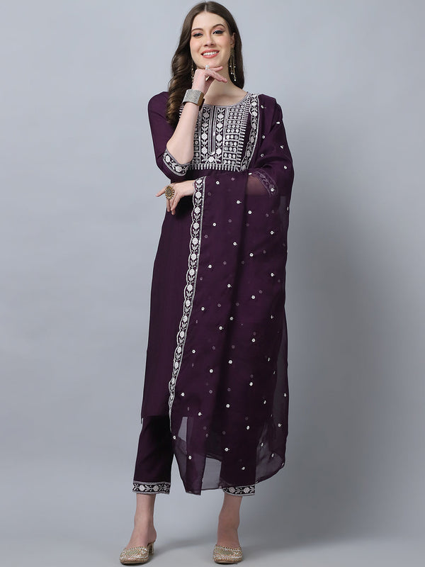 Ethnic Set Women Embroidery Straight Kurta and Pant set with Dupatta