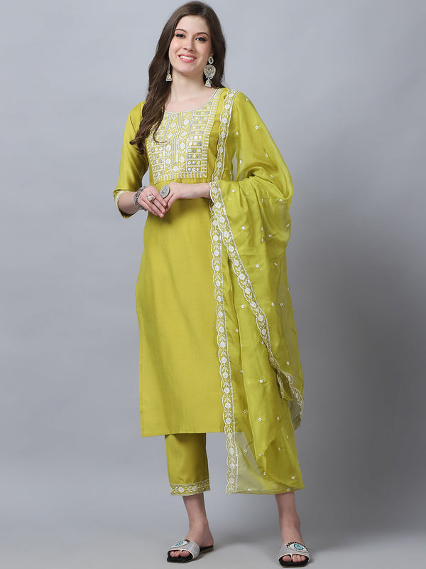 Ethnic Set Women Embroidery Straight Kurta and Pant set with Dupatta