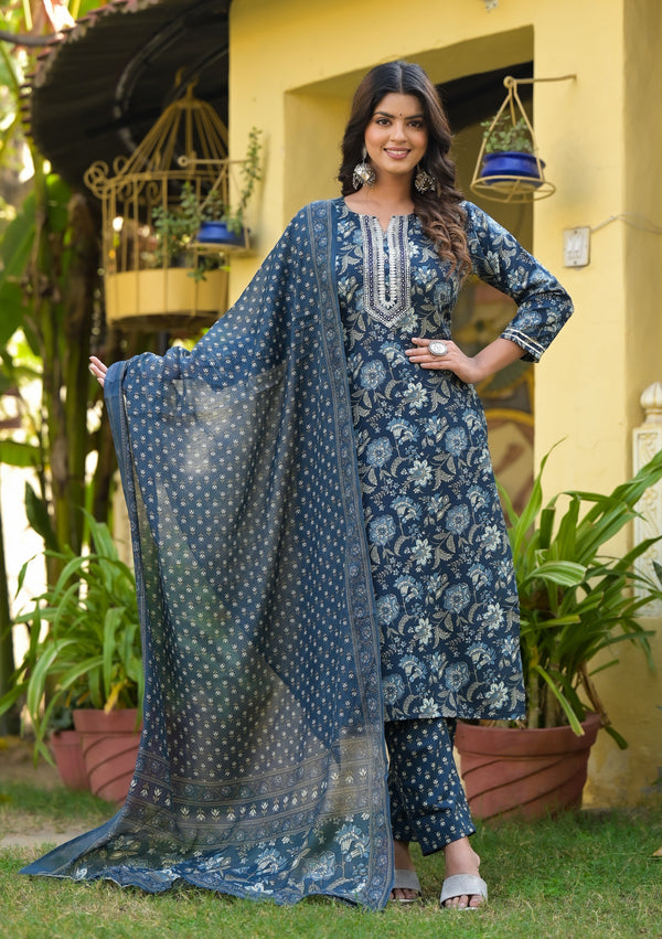 Ehnic Set Women Printed Straight Kurta and Pant set with Dupatta