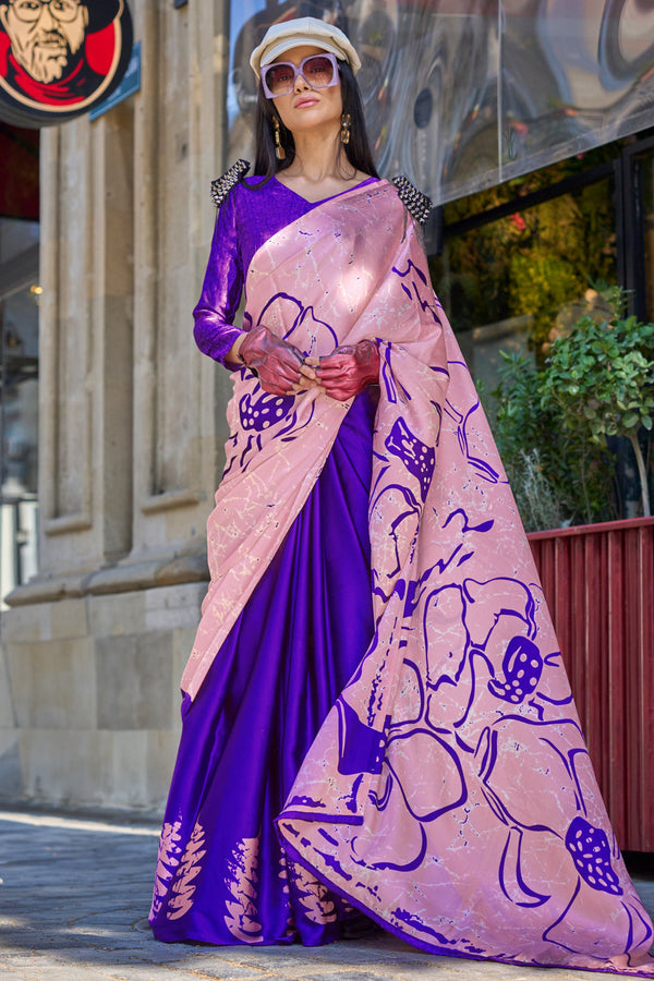 Blue & Pink Satin Silk Saree