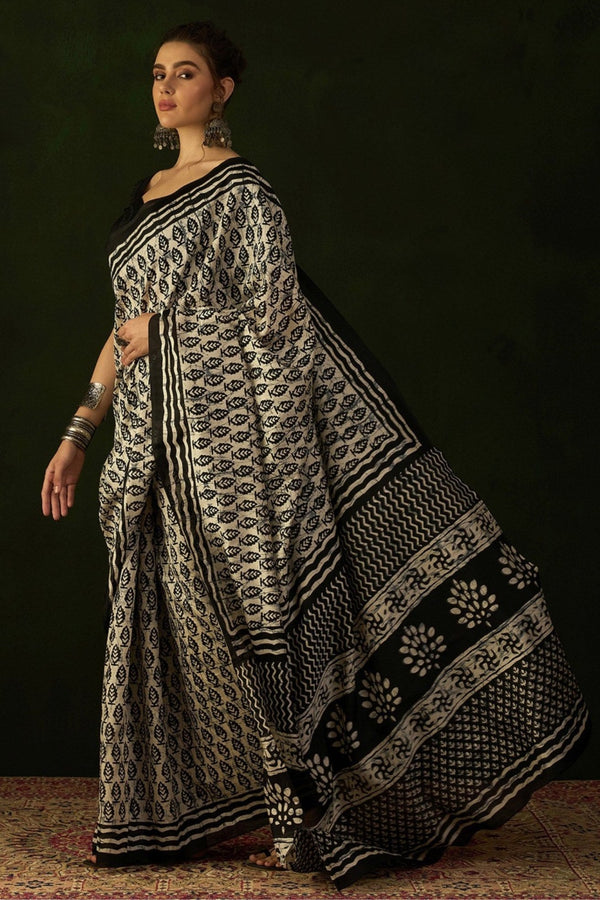 Tuna black and White Ajrakh Printed Saree