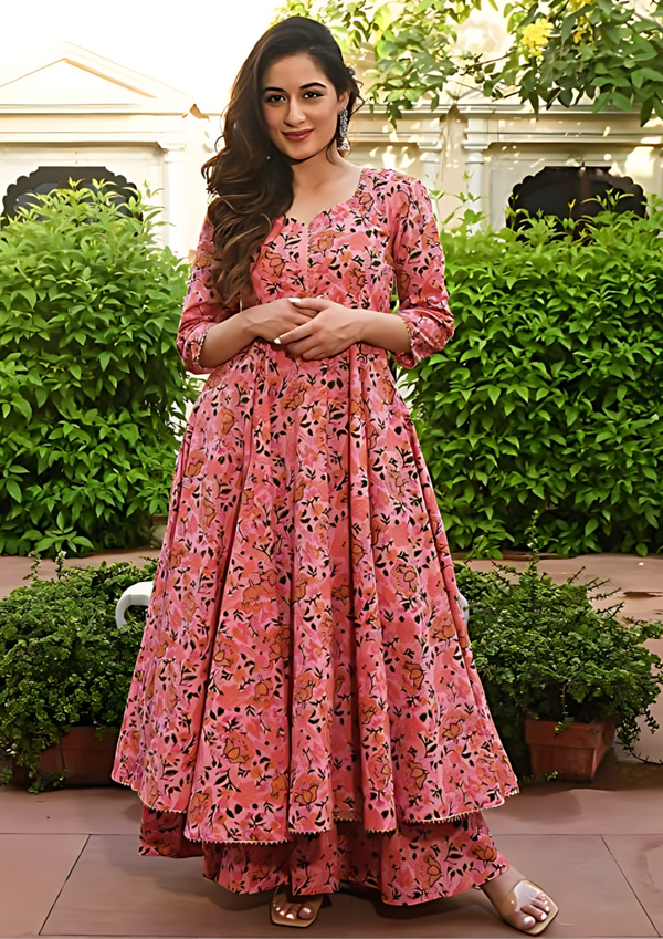 Women's Cotton Printed Anarkali Kurti with Palazzo Pants Set, Floral