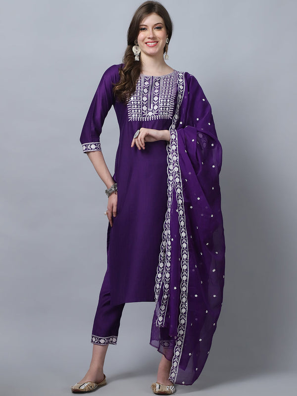 Ethnic Set Women Embroidery Straight Kurta and Pant set with Dupatta