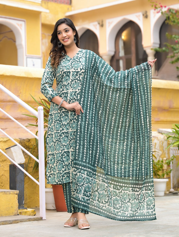 Ehnic Set Women Printed Straight Kurta and Pant set with Dupatta