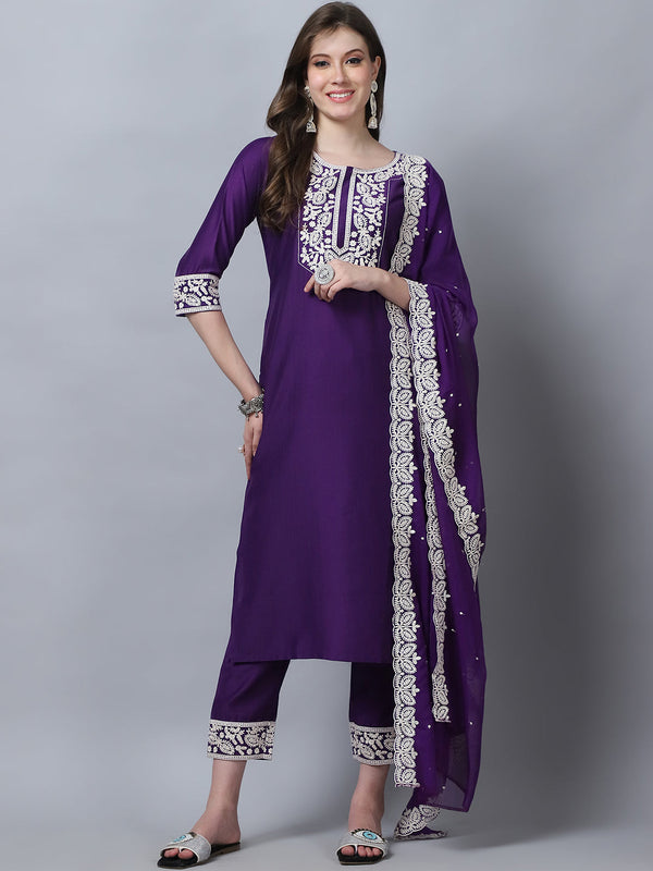 Ethnic Set Women Embroidery Straight Kurta and Pant set with Dupatta