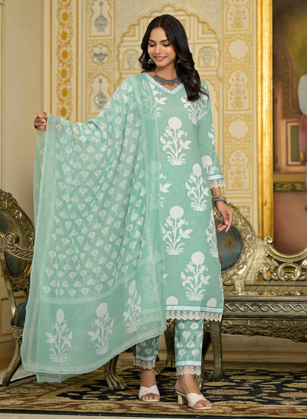 Ethnic Set Women Embroidery Straight Kurta and Pant set with Dupatta