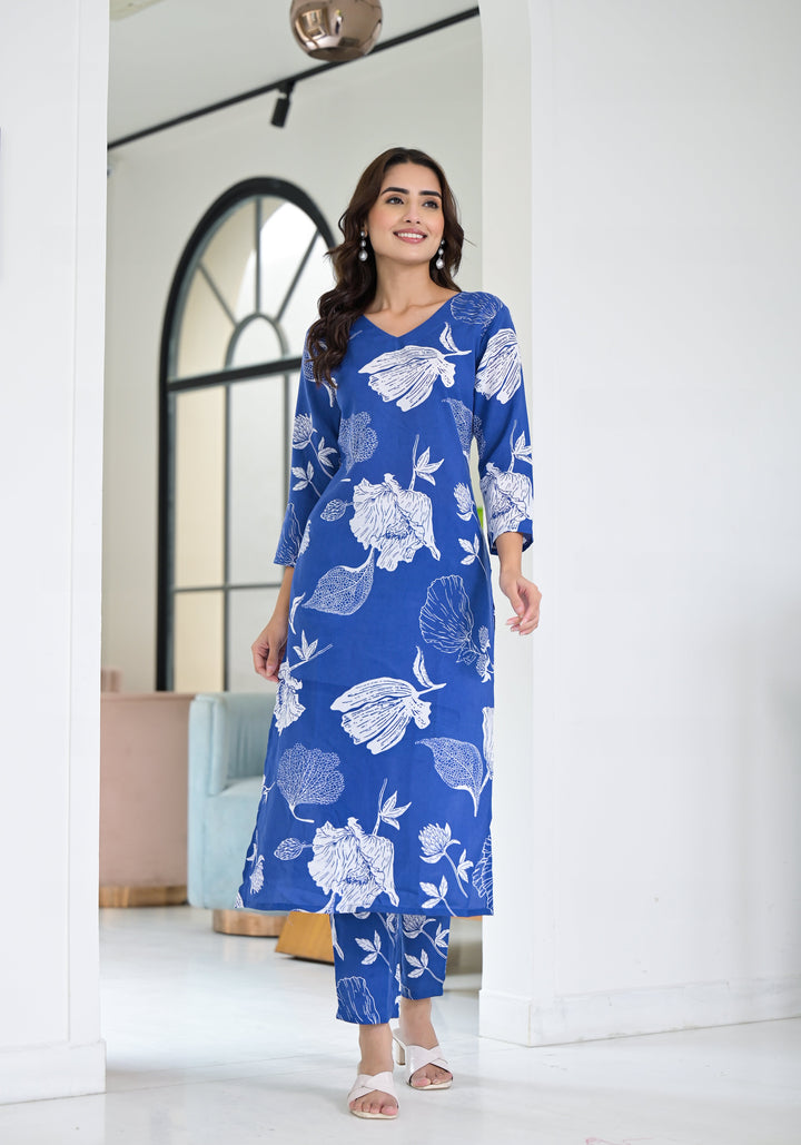 Ethnic Set Floral Printed Blue Co-ord Set - Ethnic Set