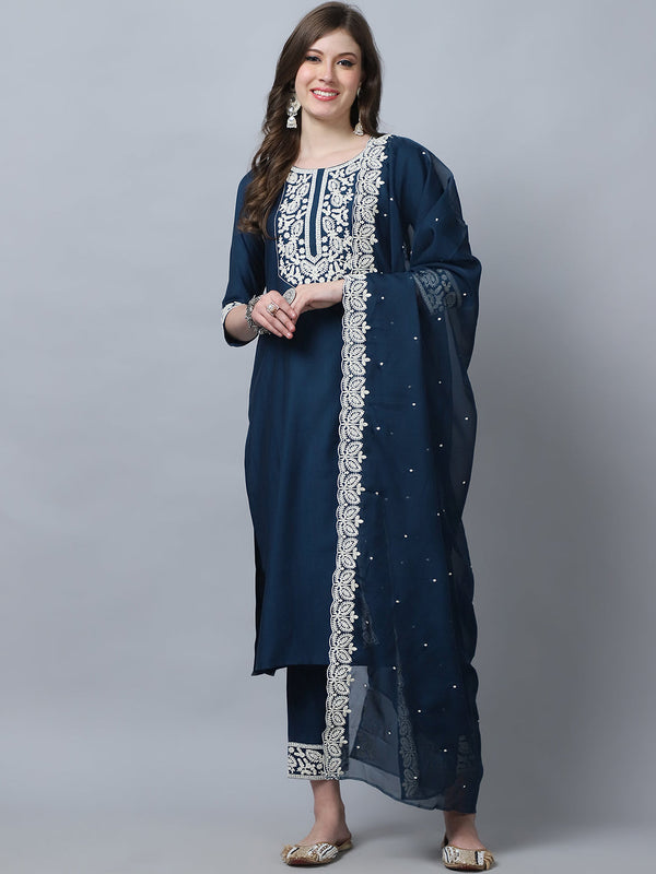 Ethnic Set Women Embroidery Straight Kurta and Pant set with Dupatta