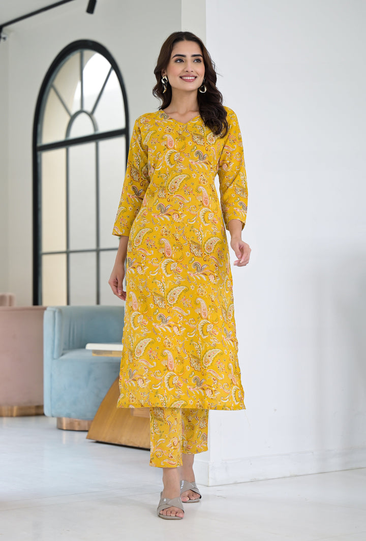 Ethnic Set Floral Printed Yellow Co-ord Set - Ethnic Set