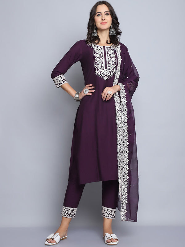 Ethnic Set Women Embroidery Straight Kurta and Pant set with Dupatta