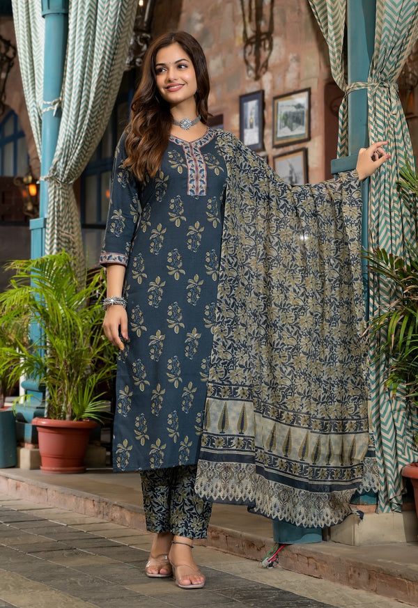 Ethnic Set Women Printed Straight Kurta and Pant set with Dupatta