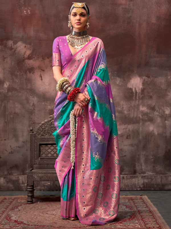 Beautiful Multi Color Zari Weaving Silk Event Wear Saree With Blouse