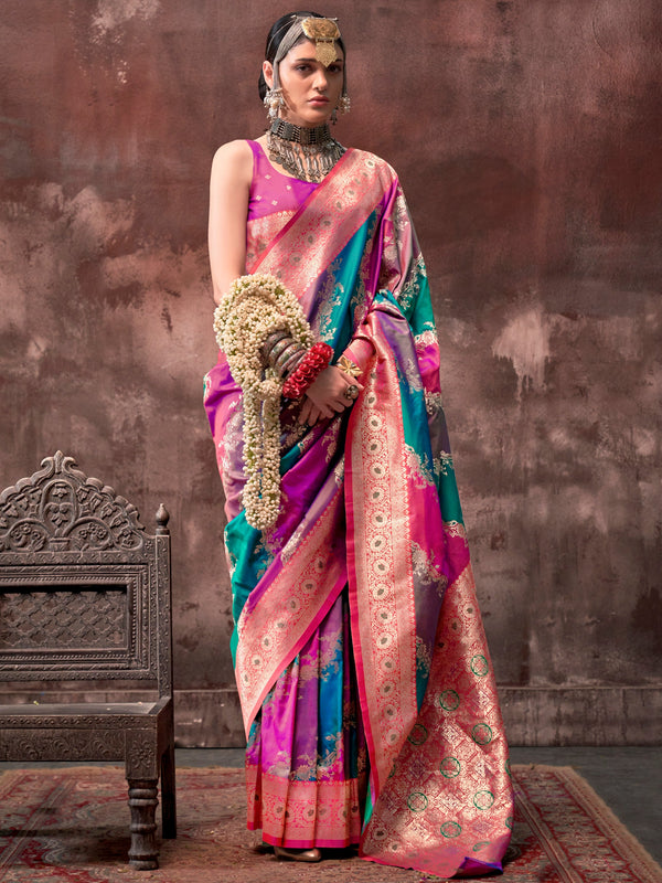 Awesome Multi-Color Zari Weaving Silk Wedding Wear Saree With Blouse