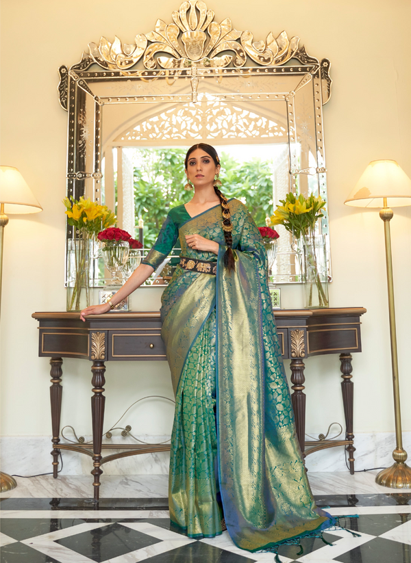 Teal Blue Kanjivaram Silk Saree