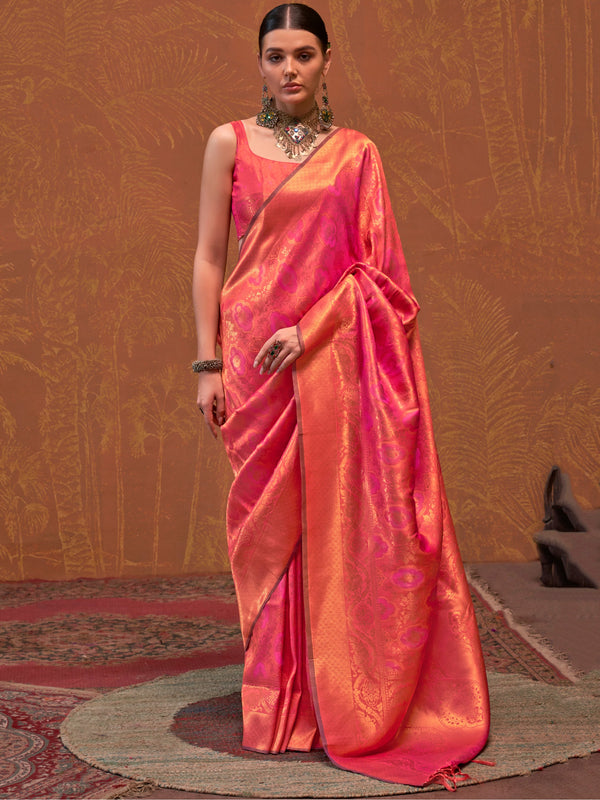 Attractive Pink Zari Weaving Silk Traditional Saree With Blouse