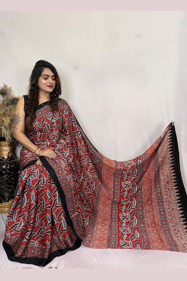 Apple Blossom Maroon Ajrakh Hand Block Printed Modal Silk Saree