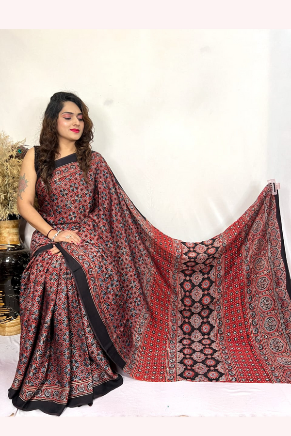 Coral Tree Brown Ajrakh Hand Block Printed Modal Silk Saree