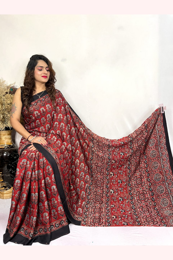 Sanguine Brown Ajrakh Hand Block Printed Modal Silk Saree