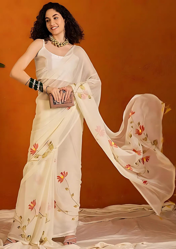 Floral Poly Chiffon  Sarees With Unstitched Blouse Piece