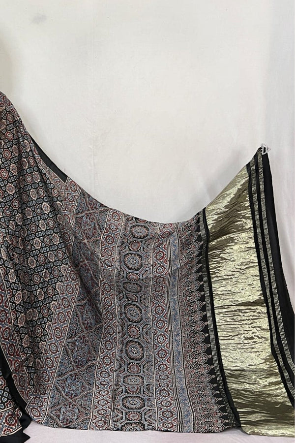 Taupe Black Ajrakh Modal Handblock Printed Silk Saree