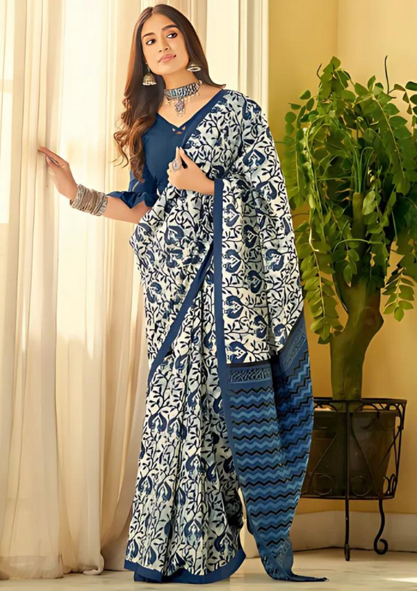 Off White & Blue Ethnic Motifs Saree