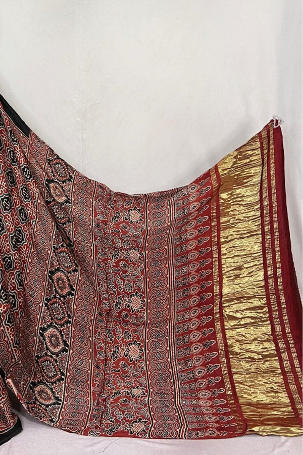 Copper Rust Brown Ajrakh Modal Handblock Printed Silk Saree