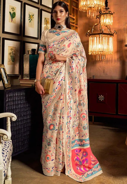 Pearl White Kashmiri Modal Silk Saree