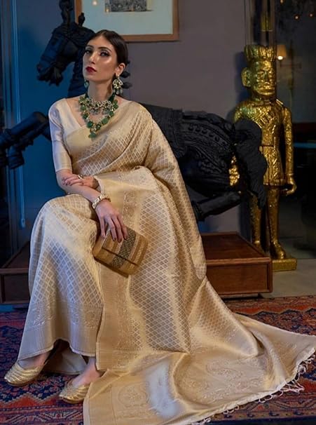 Gold White Banarasi Silk Saree