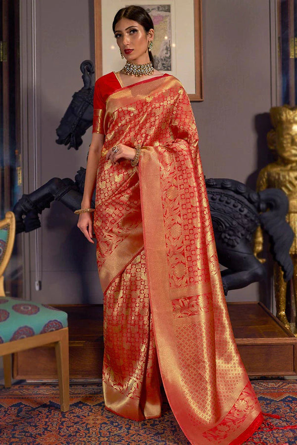 Fire Red Banarasi Silk Saree