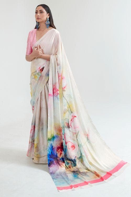 Ivory White and Soft Pink Digital Printed Satin Silk Saree