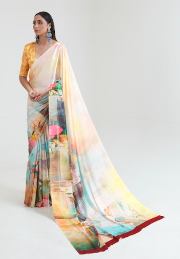 Sunlight Yellow Digital Printed Satin Silk Saree