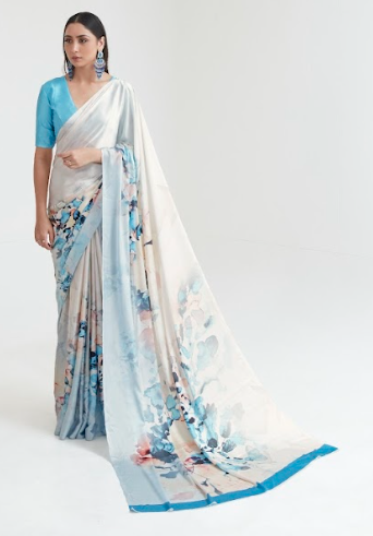 Ivory White and Soft Blue Digital Printed Satin Silk Saree