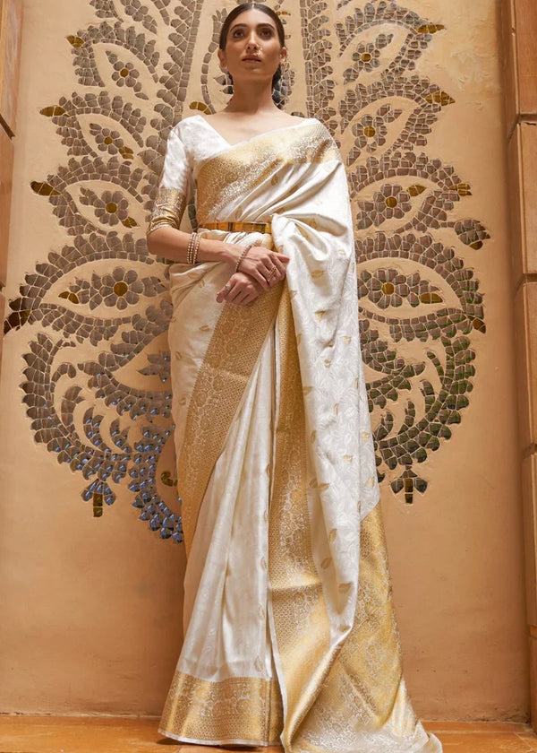 Classic White and Gold Kanjeevaram Silk Saree