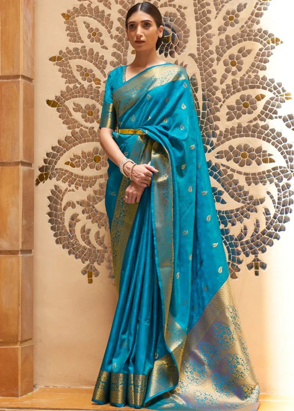 Peacock Blue and Gold Kanjeevaram Silk Saree