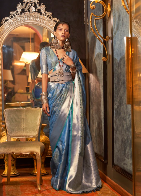 Steel Blue Dual Tone Woven Organza Saree